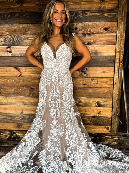Lace Mermaid Boho Wedding Dress with V-Neck, Open Back, Sheer Train – BH102-wedding dresses 2025 -Viniodress-Ivory-Custom Size-