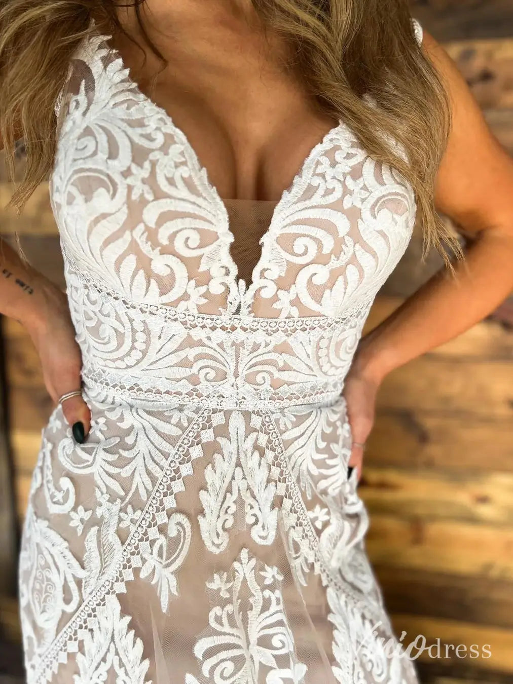 Lace Mermaid Boho Wedding Dress with V-Neck, Open Back, Sheer Train – BH102-wedding dresses 2025 -Viniodress-Ivory-Custom Size-
