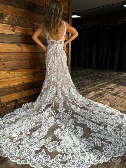 Lace Mermaid Boho Wedding Dress with V-Neck, Open Back, Sheer Train – BH102-wedding dresses 2025 -Viniodress-Ivory-Custom Size-