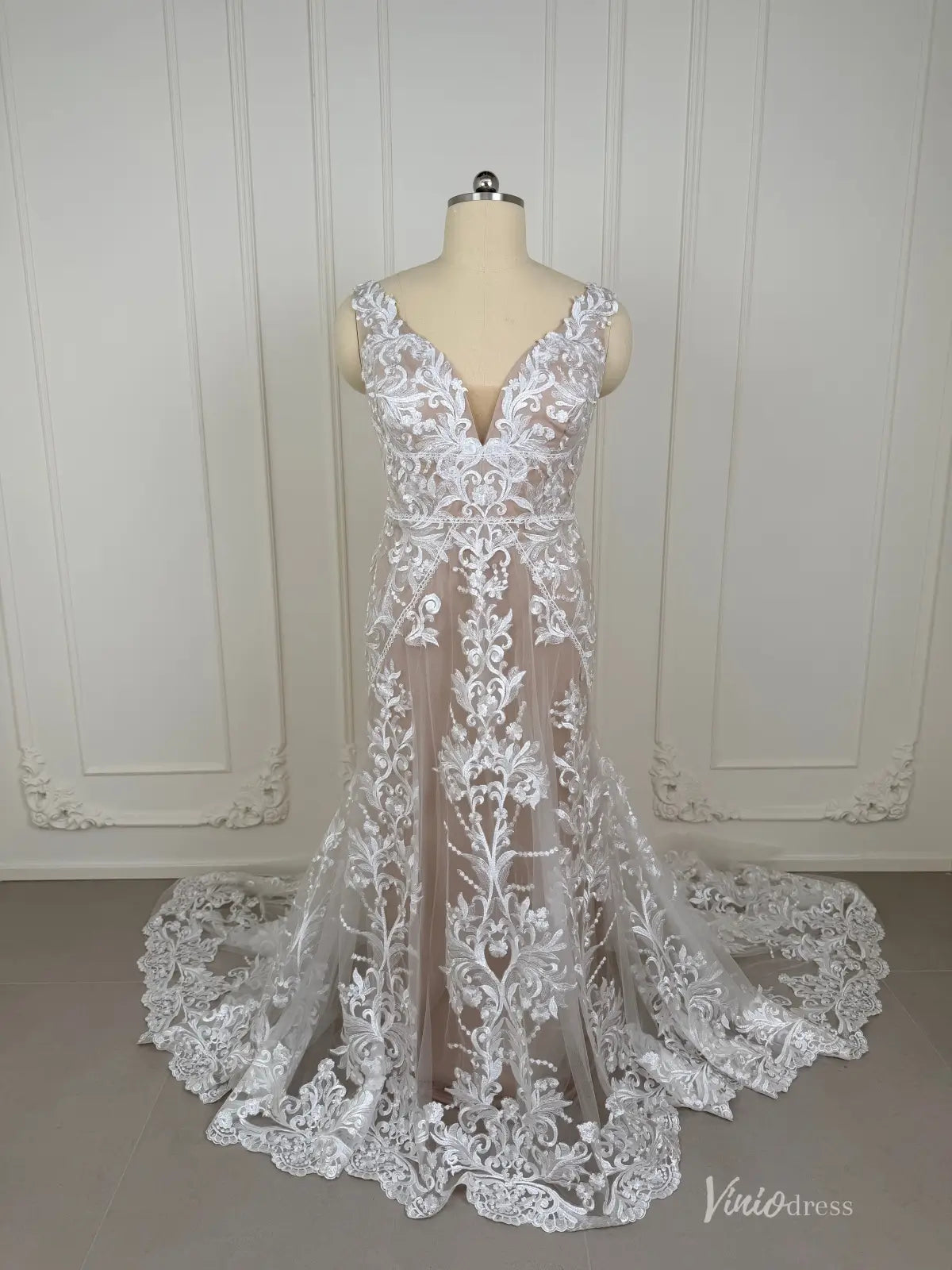 Lace Mermaid Boho Wedding Dress with V-Neck, Open Back, Sheer Train – BH102-wedding dresses 2026-Viniodress-Nude-Custom Size – Add Measurements in Cart-