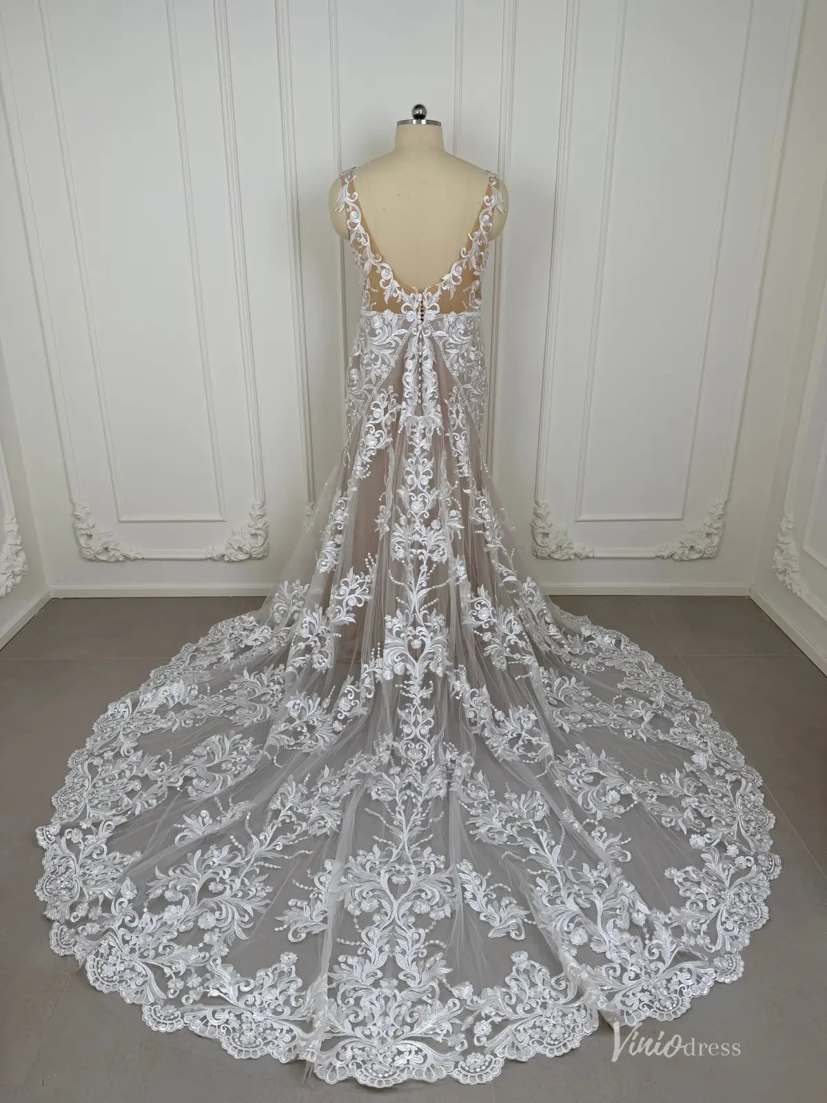 Lace Mermaid Boho Wedding Dress with V-Neck, Open Back, Sheer Train – BH102-wedding dresses 2026-Viniodress-Nude-Custom Size – Add Measurements in Cart-