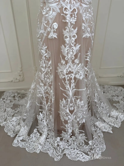 Lace Mermaid Boho Wedding Dress with V-Neck, Open Back, Sheer Train – BH102-wedding dresses 2026-Viniodress-Nude-Custom Size – Add Measurements in Cart-