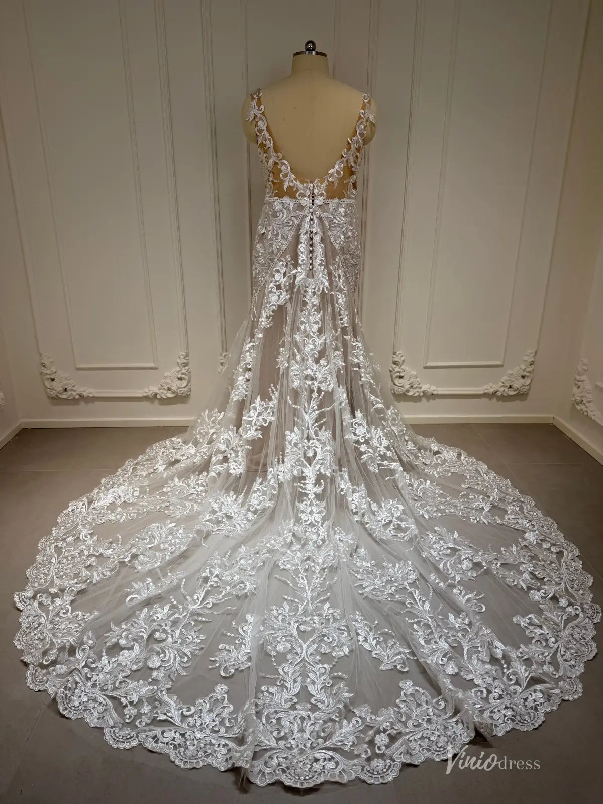 Lace Mermaid Boho Wedding Dress with V-Neck, Open Back, Sheer Train – BH102-wedding dresses 2026-Viniodress-Nude-Custom Size – Add Measurements in Cart-