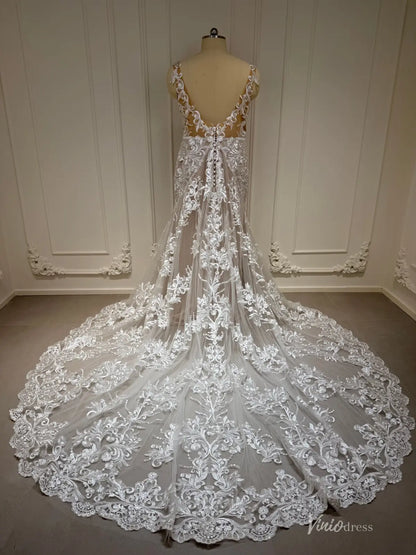 Lace Mermaid Boho Wedding Dress with V-Neck, Open Back, Sheer Train – BH102-wedding dresses 2026-Viniodress-Nude-Custom Size – Add Measurements in Cart-