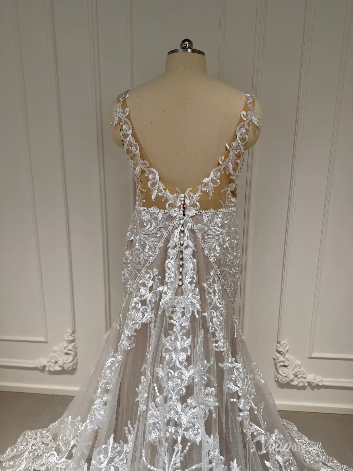 Lace Mermaid Boho Wedding Dress with V-Neck, Open Back, Sheer Train – BH102-wedding dresses 2026-Viniodress-Nude-Custom Size – Add Measurements in Cart-