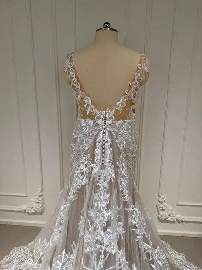Lace Mermaid Boho Wedding Dress with V-Neck, Open Back, Sheer Train – BH102-wedding dresses 2026-Viniodress-Nude-Custom Size – Add Measurements in Cart-
