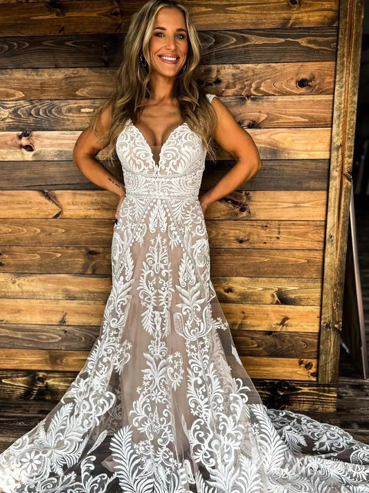 Lace Mermaid Boho Wedding Dress with V-Neck, Open Back, Sheer Train – BH102-wedding dresses 2025 -Viniodress-Ivory-Custom Size-