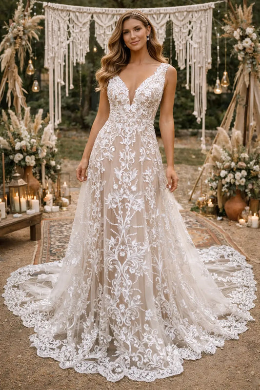 Lace Mermaid Boho Wedding Dress with V-Neck, Open Back, Sheer Train – BH102-wedding dresses 2026-Viniodress-Nude-Custom Size – Add Measurements in Cart-