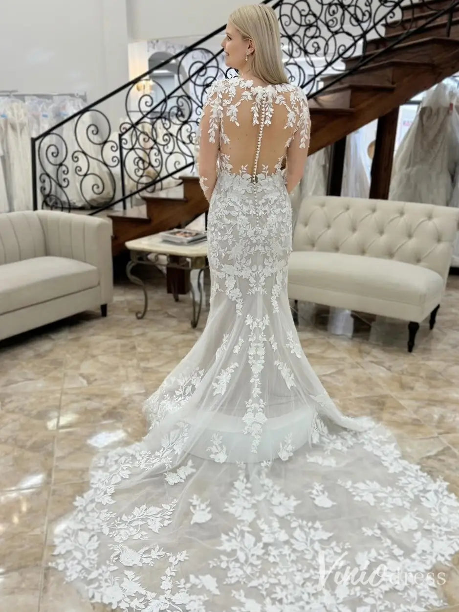 Lace Mermaid Wedding Dress with Illusion Back, Long Sleeves, Chapel Train – VW2617-wedding dresses 2025 -Viniodress-Ivory-Custom Size-