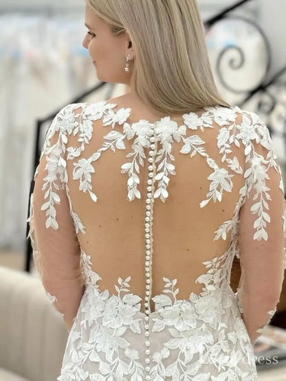 Lace Mermaid Wedding Dress with Illusion Back, Long Sleeves, Chapel Train – VW2617-wedding dresses 2025 -Viniodress-Ivory-Custom Size-