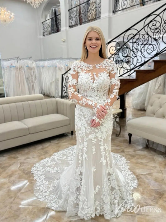 Lace Mermaid Wedding Dress with Illusion Back, Long Sleeves, Chapel Train – VW2617-wedding dresses 2025 -Viniodress-Ivory-Custom Size-