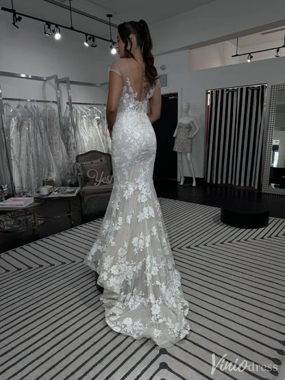 Lace Mermaid Wedding Dress with Illusion Tulle Sleeves & Floral Appliqué – VW2508-wedding dresses 2025 -Viniodress-White-Custom Size-