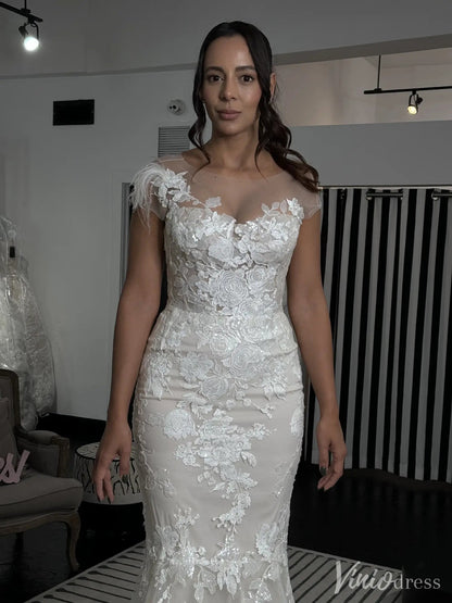 Lace Mermaid Wedding Dress with Illusion Tulle Sleeves & Floral Appliqué – VW2508-wedding dresses 2025 -Viniodress-White-Custom Size-