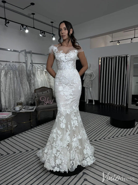 Lace Mermaid Wedding Dress with Illusion Tulle Sleeves & Floral Appliqué – VW2508-wedding dresses 2025 -Viniodress-White-Custom Size-