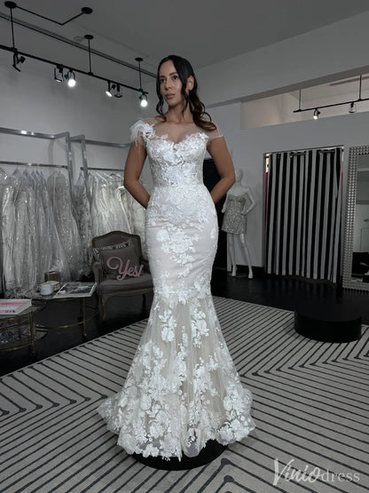 Lace Mermaid Wedding Dress with Illusion Tulle Sleeves & Floral Appliqué – VW2508-wedding dresses 2025 -Viniodress-White-Custom Size-