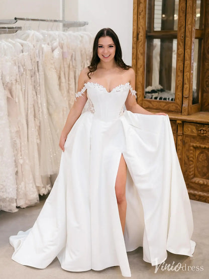 Lace Sweetheart Off-Shoulder Satin Wedding Dress with Sheer Corset and Slit – VW2605-wedding dresses 2025 -Viniodress-Ivory-Custom Size-