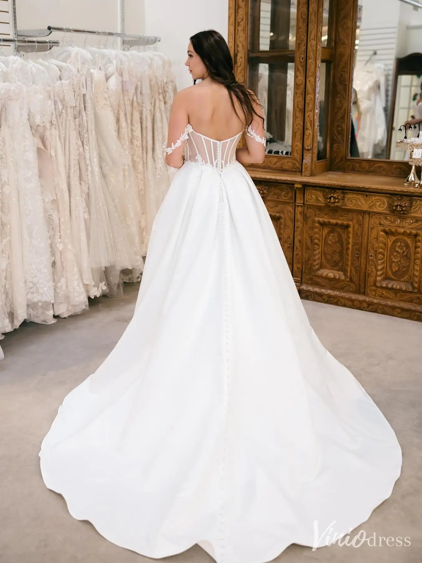 Lace Sweetheart Off-Shoulder Satin Wedding Dress with Sheer Corset and Slit – VW2605-wedding dresses 2025 -Viniodress-Ivory-Custom Size-