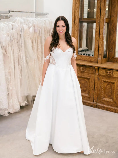 Lace Sweetheart Off-Shoulder Satin Wedding Dress with Sheer Corset and Slit – VW2605-wedding dresses 2025 -Viniodress-Ivory-Custom Size-