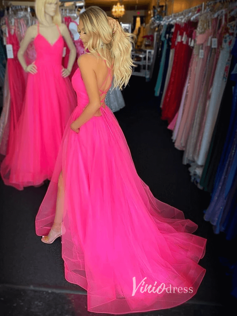 Lace-up Back Fuchsia Pink Long Prom Dress with Pockets & Slit FD2544B-prom dresses 2025 -Viniodress-Fuchsia-Custom Size-