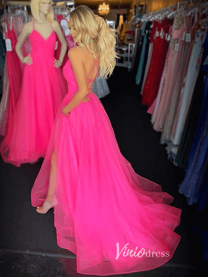 Lace-up Back Fuchsia Pink Long Prom Dress with Pockets & Slit FD2544B-prom dresses 2025 -Viniodress-Fuchsia-Custom Size-