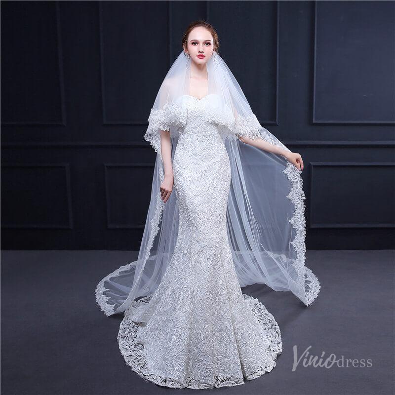 Lacy Cathedral Mantilla Veil with Blusher Viniodress TS18003-Bridal Veil 2025 -Viniodress-Ivory-