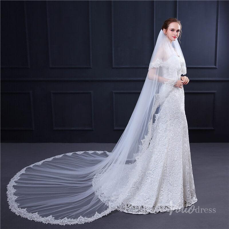 Lacy Cathedral Mantilla Veil with Blusher Viniodress TS18003-Bridal Veil 2025 -Viniodress-Ivory-