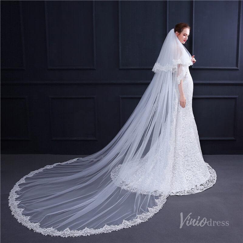 Lacy Cathedral Mantilla Veil with Blusher Viniodress TS18003-Bridal Veil 2025 -Viniodress-Ivory-