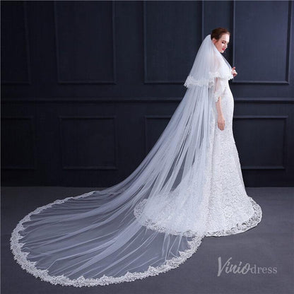 Lacy Cathedral Mantilla Veil with Blusher Viniodress TS18003-Bridal Veil 2025 -Viniodress-Ivory-