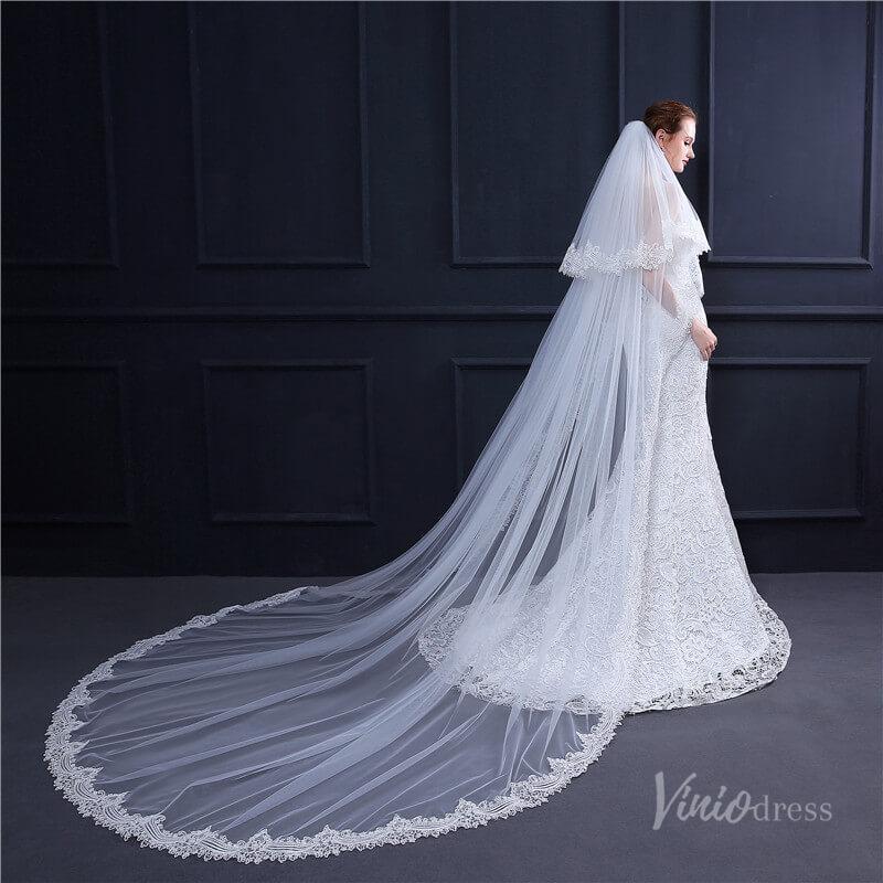 Lacy Cathedral Mantilla Veil with Blusher Viniodress TS18003-Bridal Veil 2025 -Viniodress-Ivory-