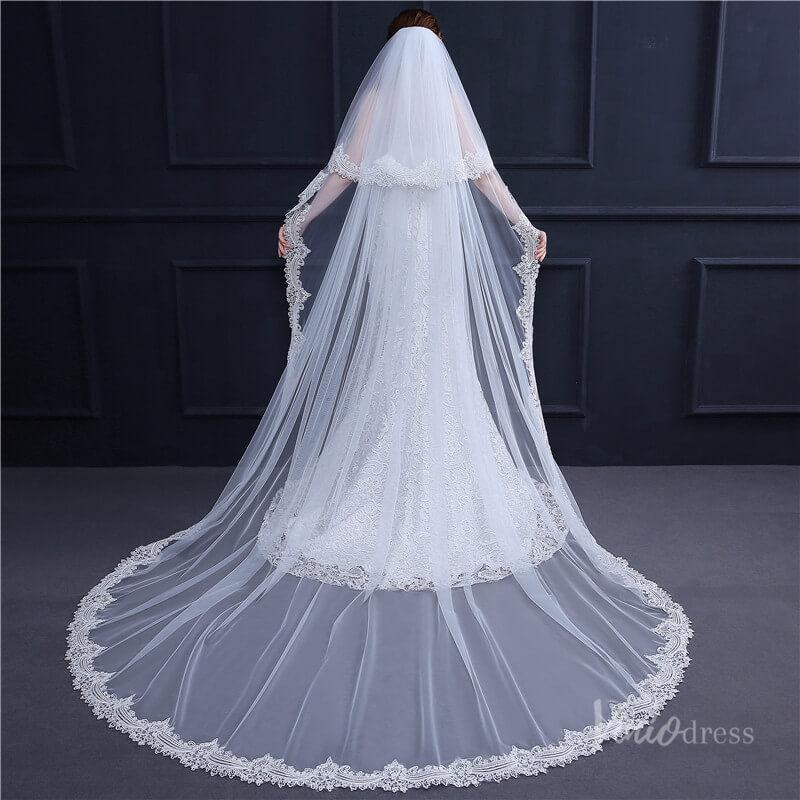 Lacy Cathedral Mantilla Veil with Blusher Viniodress TS18003-Bridal Veil 2025 -Viniodress-Ivory-