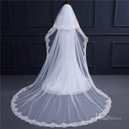 Lacy Cathedral Mantilla Veil with Blusher Viniodress TS18003-Bridal Veil 2025 -Viniodress-Ivory-