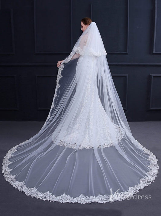 Lacy Cathedral Mantilla Veil with Blusher Viniodress TS18003-Bridal Veil 2025 -Viniodress-Ivory-