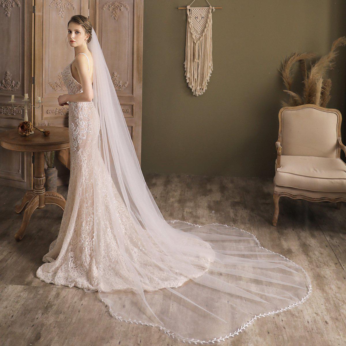 Lacy Petal Tulle Bridal Veil Cathedral Length-Accessories 2025 -Viniodress-Ivory-