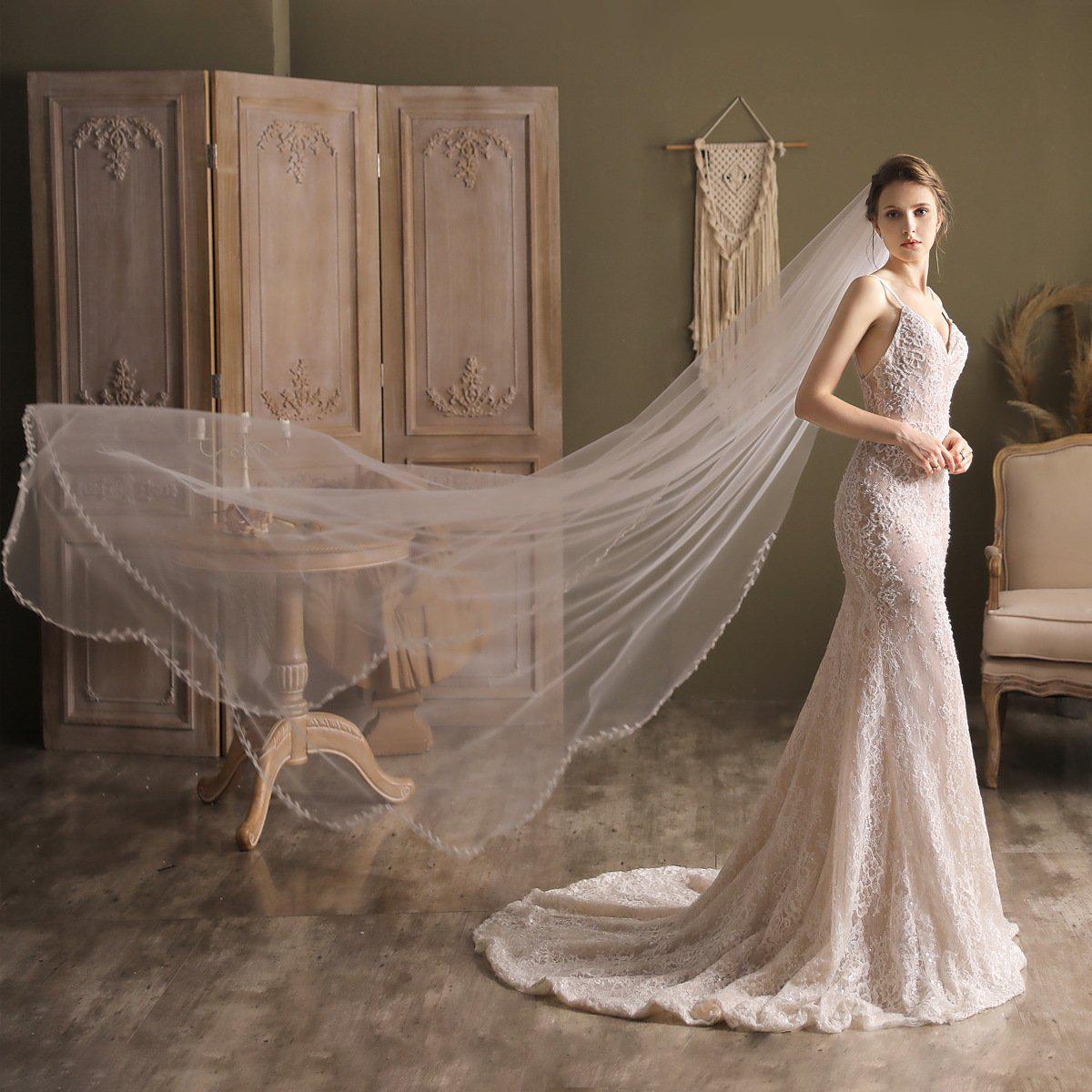 Lacy Petal Tulle Bridal Veil Cathedral Length-Accessories 2025 -Viniodress-Ivory-