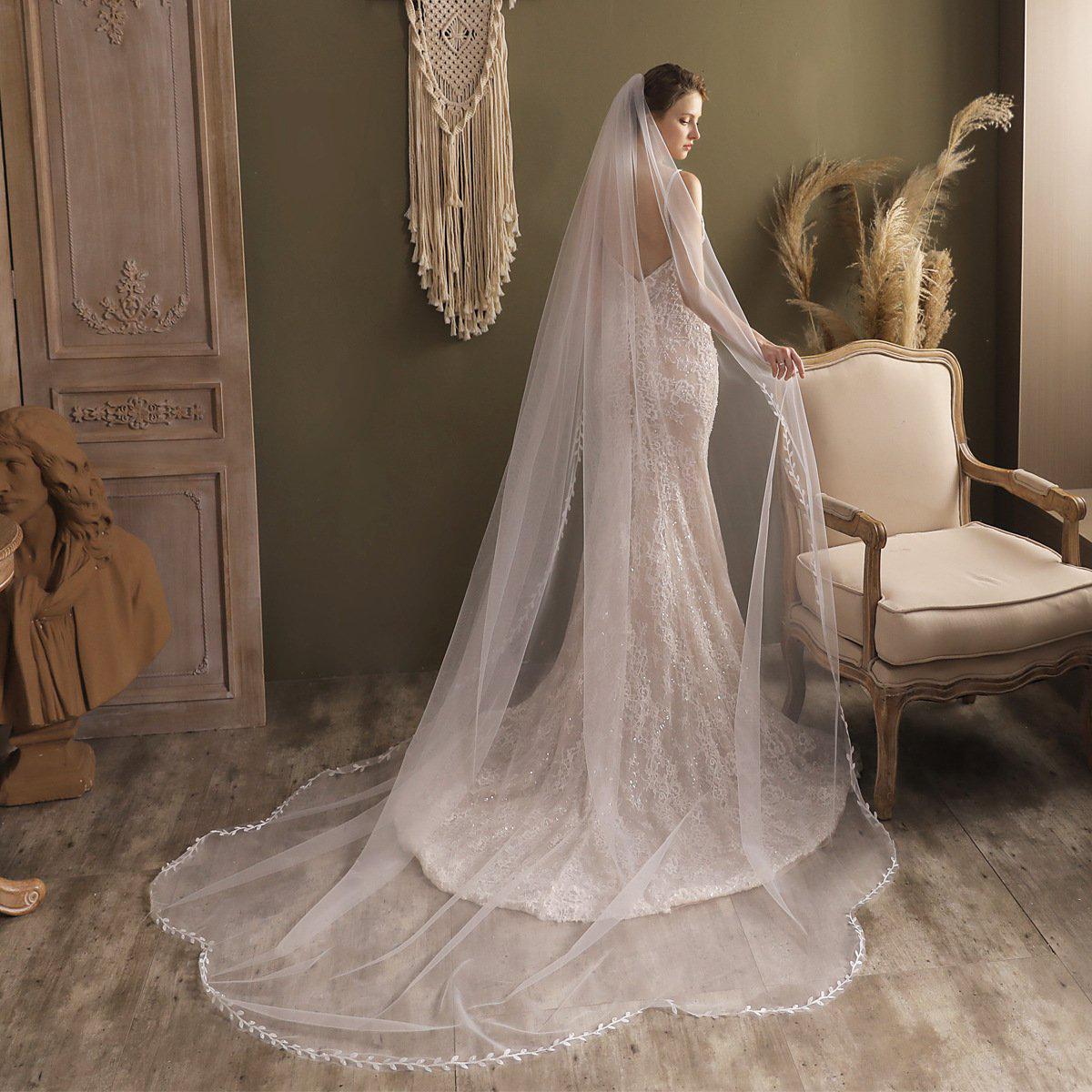Lacy Petal Tulle Bridal Veil Cathedral Length-Accessories 2025 -Viniodress-Ivory-
