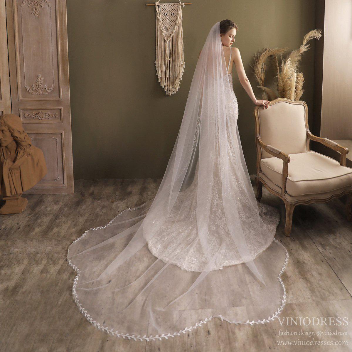 Lacy Petal Tulle Bridal Veil Cathedral Length-Accessories 2025 -Viniodress-Ivory-
