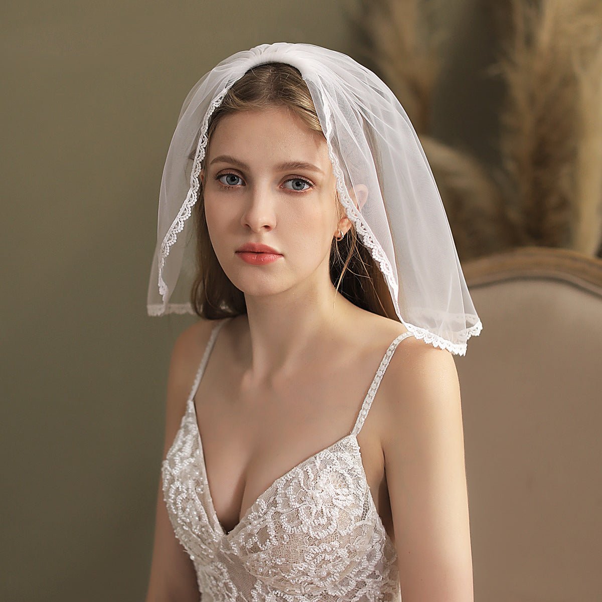 Lacy Short Veil for Bride-Accessories 2025 -Viniodress-Ivory-