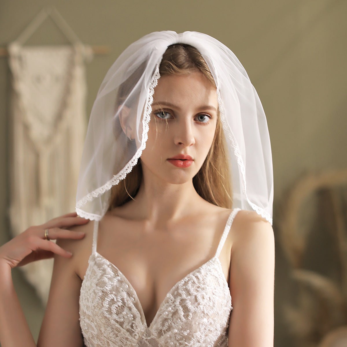 Lacy Short Veil for Bride-Accessories 2025 -Viniodress-Ivory-