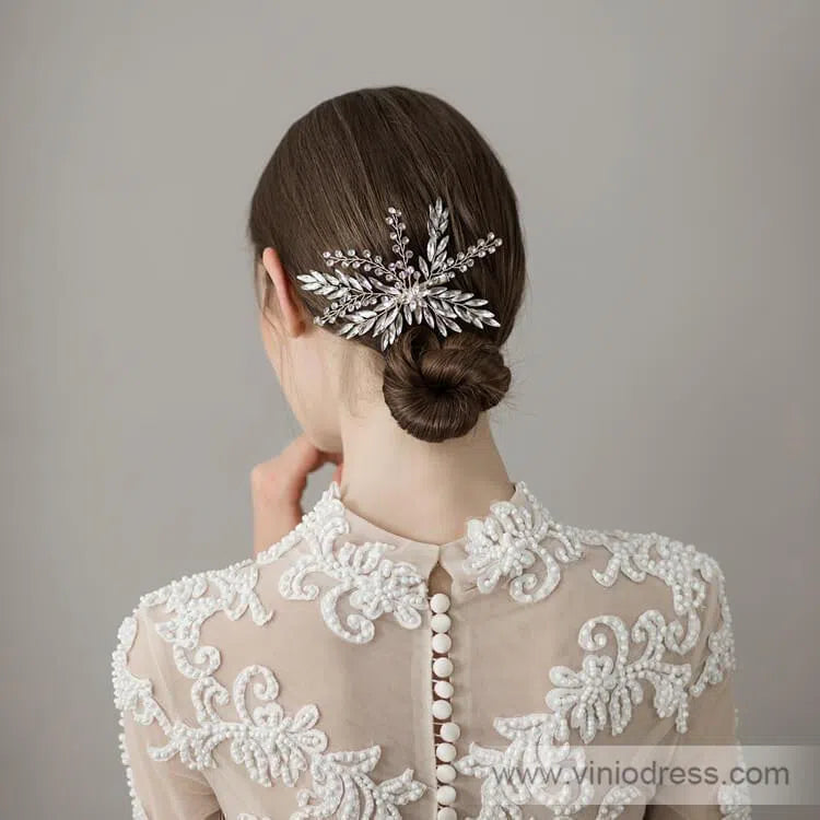 Laurel Leaf Crystal Bridal Hair Clip Viniodress AC1127-Headpieces 2025 -Viniodress-Silver-