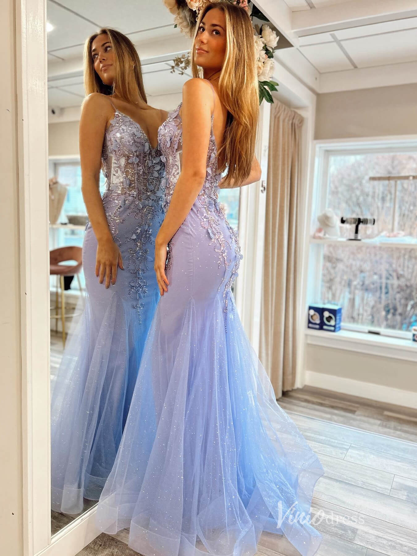 Lavender 3D Floral Mermaid Prom Dresses Spaghetti Strap Evening Dress FD3671-prom dresses-Viniodress-Viniodress