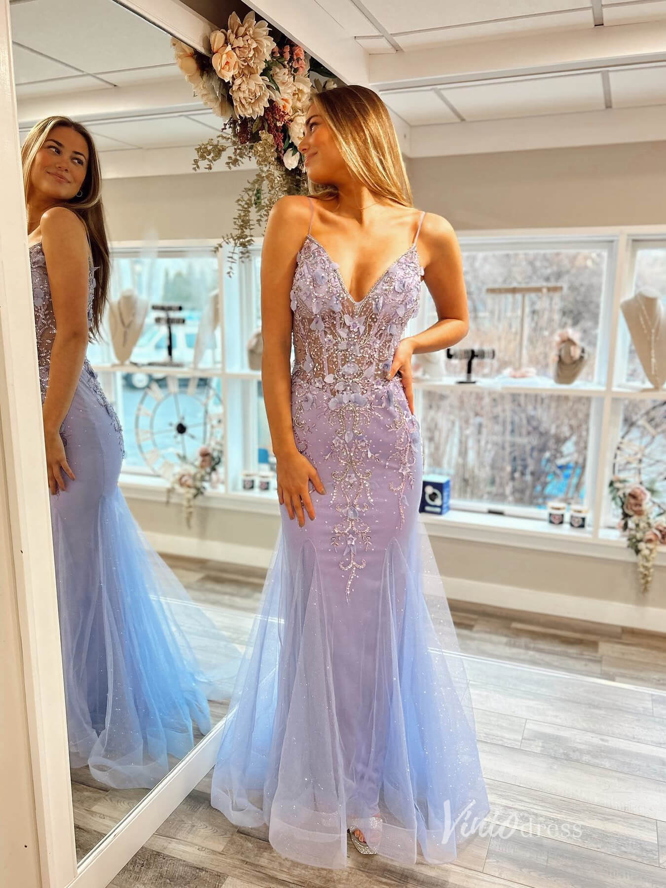 Lavender 3D Floral Mermaid Prom Dresses Spaghetti Strap Evening Dress FD3671-prom dresses-Viniodress-Lavender-Custom Size-Viniodress