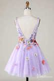 Lavender 3D Flower Homecoming Dresses V-Neck Lace Applique Back to School Dress S24058-prom dresses-Viniodress-Viniodress