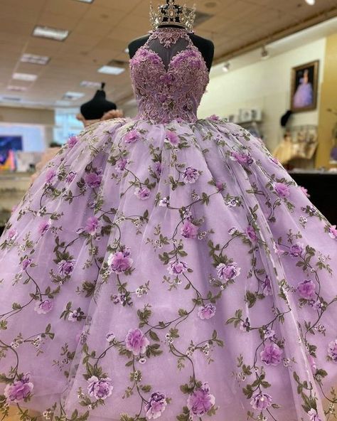 Lavender 3D Flower Quinceanera Dress Halter Sweetheart Neck Ball Gown Corset Back AD1359-Quinceanera Dresses 2026-Viniodress-Lavender-Custom Size-