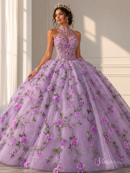 Lavender 3D Flower Quinceanera Dress Halter Sweetheart Neck Ball Gown Corset Back AD1359-Quinceanera Dresses 2026-Viniodress-Lavender-Custom Size – Add Measurements in Cart-