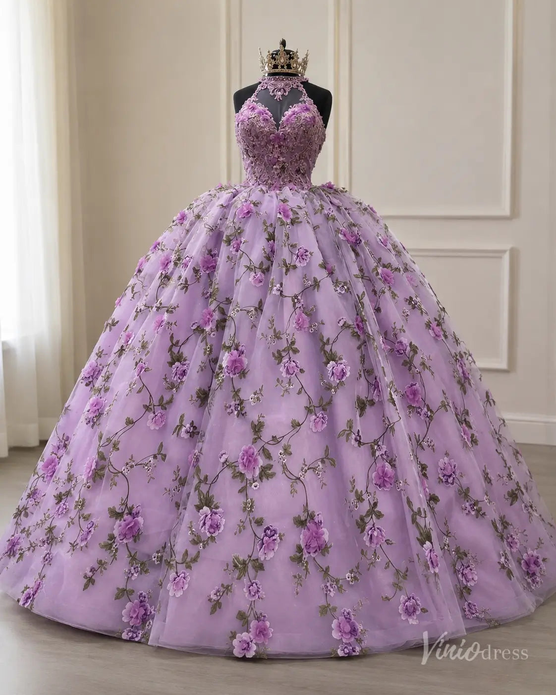 Lavender 3D Flower Quinceanera Dress Halter Sweetheart Neck Ball Gown Corset Back AD1359-Quinceanera Dresses 2026-Viniodress-Lavender-Custom Size – Add Measurements in Cart-
