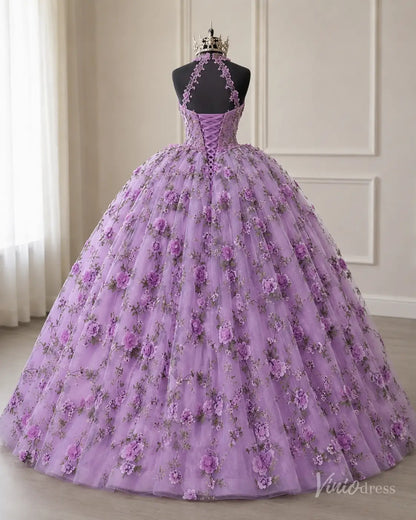 Lavender 3D Flower Quinceanera Dress Halter Sweetheart Neck Ball Gown Corset Back AD1359-Quinceanera Dresses 2026-Viniodress-Lavender-Custom Size – Add Measurements in Cart-