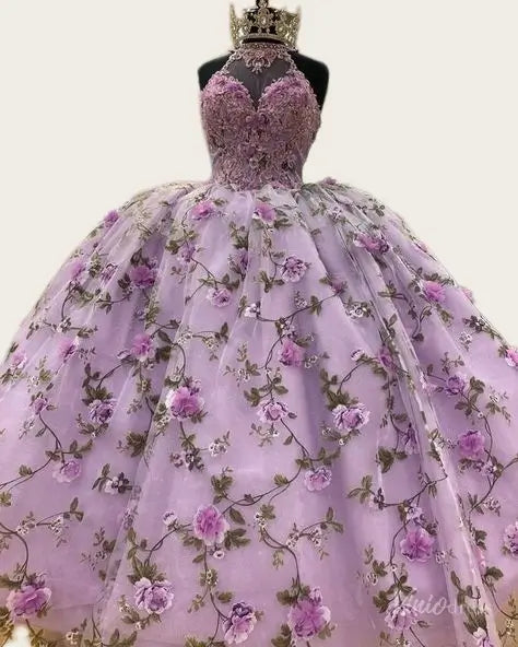 Lavender 3D Flower Quinceanera Dress Halter Sweetheart Neck Ball Gown Corset Back AD1359-Quinceanera Dresses 2026-Viniodress-Lavender-Custom Size – Add Measurements in Cart-
