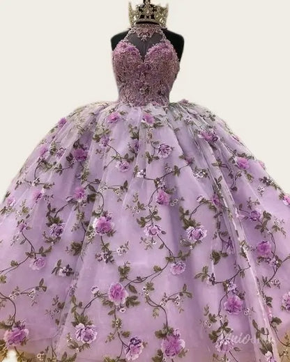 Lavender 3D Flower Quinceanera Dress Halter Sweetheart Neck Ball Gown Corset Back AD1359-Quinceanera Dresses 2026-Viniodress-Lavender-Custom Size – Add Measurements in Cart-
