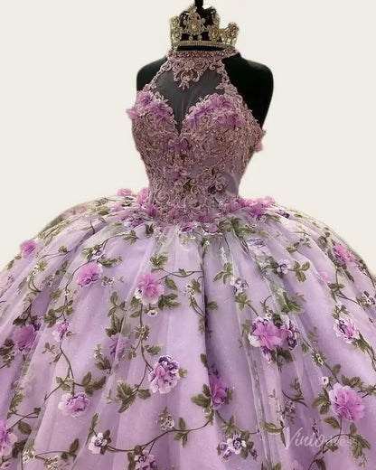 Lavender 3D Flower Quinceanera Dress Halter Sweetheart Neck Ball Gown Corset Back AD1359-Quinceanera Dresses 2026-Viniodress-Lavender-Custom Size – Add Measurements in Cart-