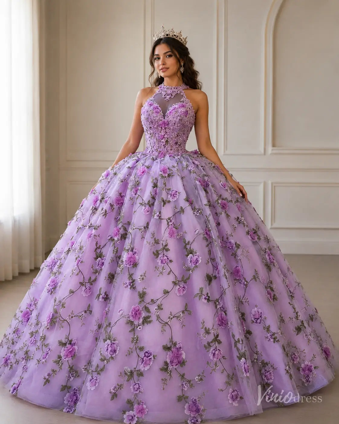 Lavender 3D Flower Quinceanera Dress Halter Sweetheart Neck Ball Gown Corset Back AD1359-Quinceanera Dresses 2026-Viniodress-Lavender-Custom Size – Add Measurements in Cart-